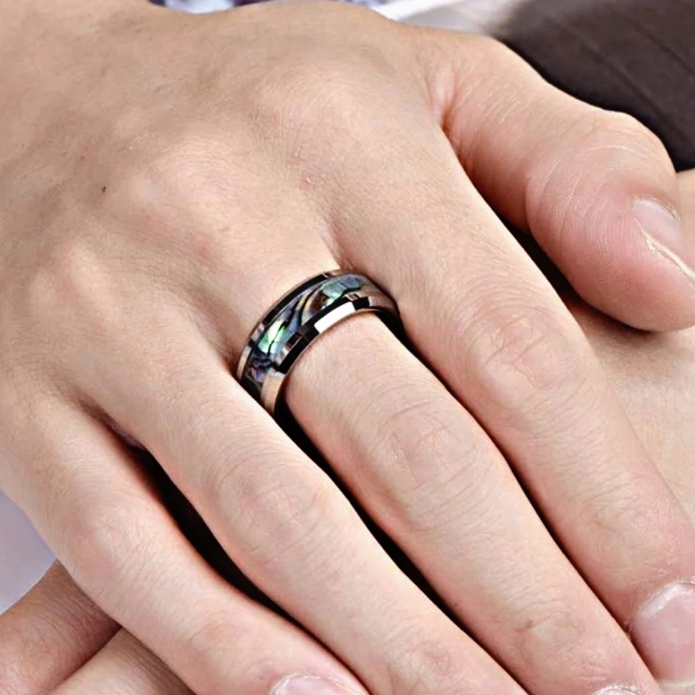 UNISEX RING | Stainless Steel Abalone Shell Channing Through Center Black Ring - Picture 4 of 10